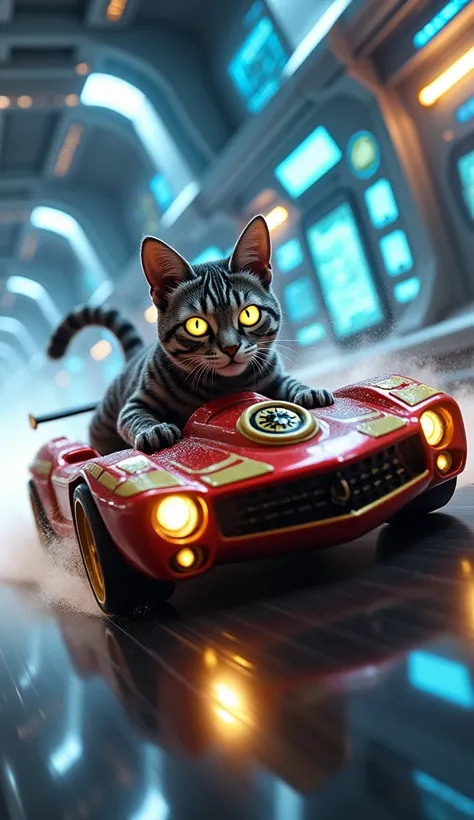 " A muscular anthropomorphic gray wild cat ,  with glowing gold eyes and a shiny striped coat , pilota o Hot Wheels Marvel “Iron Man Stark Racer”.  The car has a red and gold design inspired by Tony Starks armor,  with metallic details and a reactor on the...