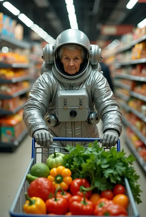 An elderly woman in astronaut clothes in a supermarket pushing a cart full of vegetables