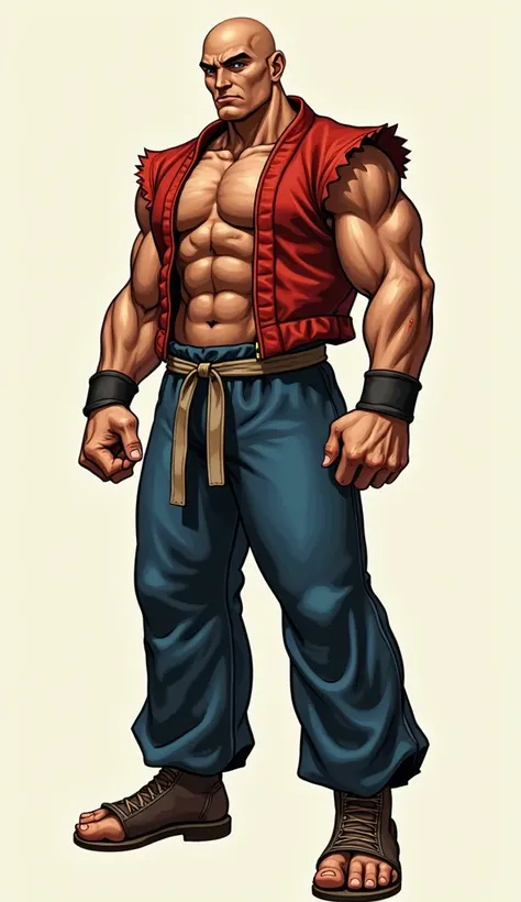  Describe Sagat from Super Street Fighter II in detail in a hyperrealistic style,  without losing any details about his physique and clothing .  Make sure to include distinctive features such as his height , Complexion,  Scars, distinctive outfit ,  and an...