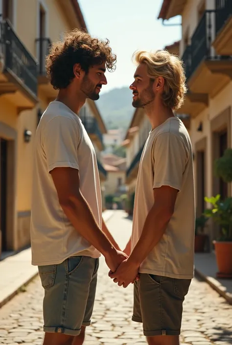 Two guys  holding hands let one be taller in brown curls and Latin roots the other a little shorter with blond hair and also let him have Latin roots let them both be dressed in loose clothes T-shirt and shorts and in the background let there be a small Sp...