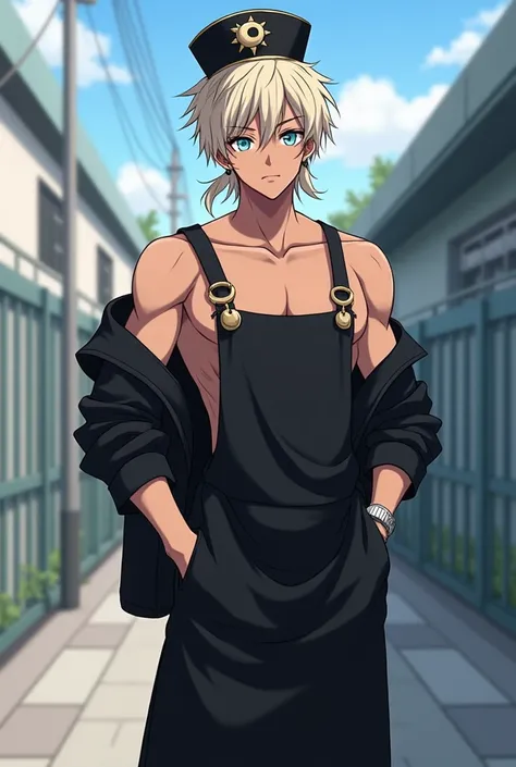 

(  Male gender with light brown skin with messy and short hair)
 hair color :pale blonde with some black locks on the front of his hair , his eyes: Pastel blue and its 
Clothes :  is shirtless but has a black apron and a jacket that covers half of his ba...