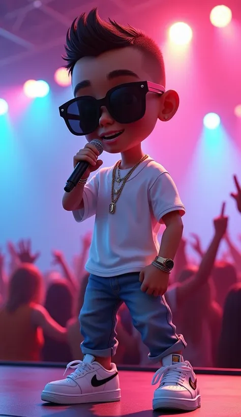 Creation of a highly detailed and stylized 3D character, mixing chibi and caricature with hyperrealism, inspired by the Brazilian rapper MV Bill. He is on stage giving a vibrant show, with an excited audience in the background enjoying the music. The chara...