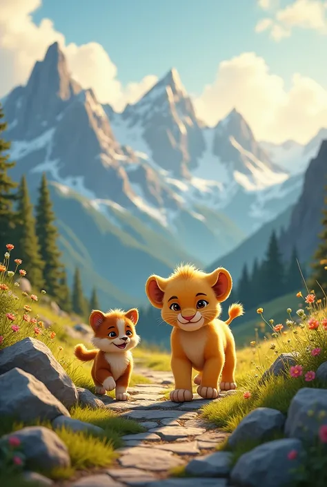 Here is a detailed prompt for generating an image of a baby lion and baby dog walking in a mountain setting:

"A baby lion and a baby dog walking together on a rugged mountain trail, surrounded by towering peaks and lush greenery. The baby lion has soft, g...