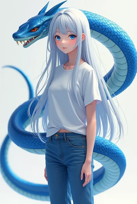 A white anime girl with long white hair and blue eyes and a human-shaped body with a white t-shirt and jeans and a blue snake tail protruding from her back
