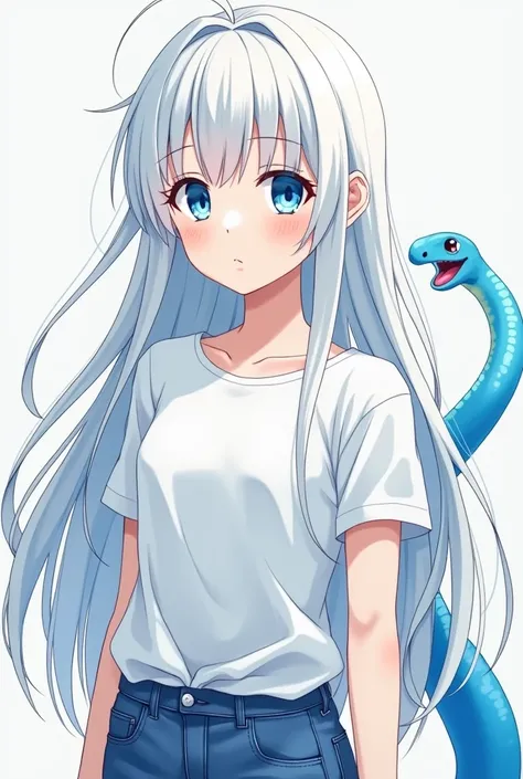 A white anime girl with long white hair and blue eyes and a human-shaped body in a white T-shirt and jeans with a blue snake tail protruding from her back
