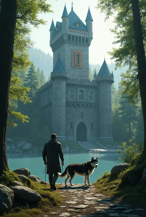 Generate a realistic photo of a huge medieval castle in the middle of the forest .  In the background there is a lake and in the forest there is a man with a leash walking with a husky on a leash. On the forest floor ,  the stones clearly form the small le...