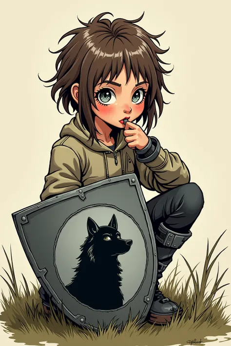 Girl, tomboy,  12  years, long dirty face, short messy brown hair, grey eyes, skinny, fit. She is biting her lips. She holds a small, rapier. At her feet a shield on which a black wolf on a grey field features. Use classic comic-style inking, with bold out...