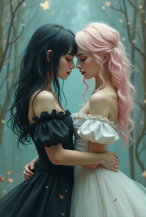 Make a medium cloth image of mystical concept .  There is a pale woman wearing a cute outfit and a cynical face . she has black hair.

 Another womans back is touching her back , one with their back to the other.  This woman has very light pink hair and a ...