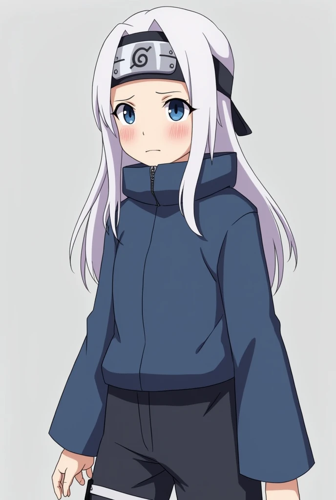 Naruto oc base 1 fille de 15 ans  Cheveux Longs blanc , Yeux bleu, Lèvres fermé e tenue de ninja ANIMEAnimé, elle porte une tenue de ninja. Elle porte un haut bleu et un pantalon noir  Bandeau de Konoha, elle sourit, il y a le bandeau de Konoha sur ses vet...