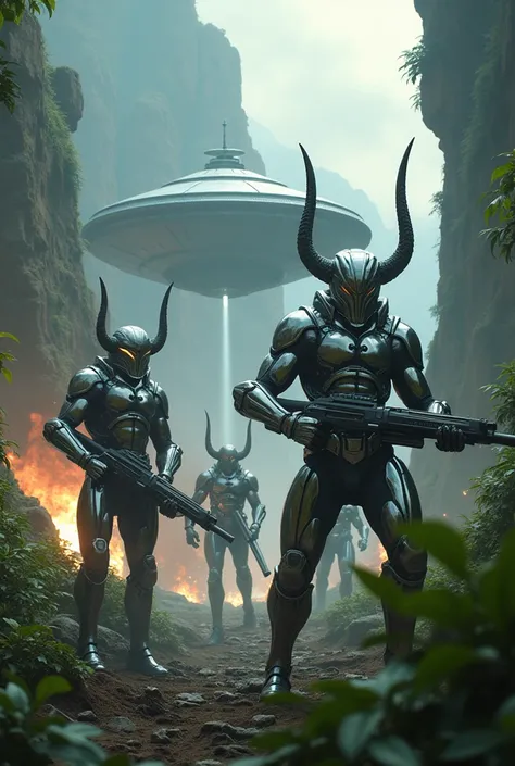 jungle battle scene with future technology! Many muscular male figures, in chrome armor, faces are not visible - full-length, on the head is a helmet with long horns, the eye sockets of the helmet burn with purple fire, in the hand is a plasma gun, entered...