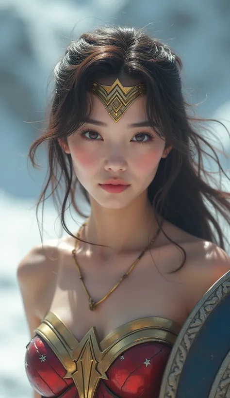 Cute   Japanese  、  laughing、  Wonder Woman hanging upside down。 live action、 looking at the front camera  、完璧な Wonder Woman hanging upside downのコスプレ、  brown hair、  masterpiece 、  cute女の子 、    Beautiful Eyes   、Narrow eyes、  Eyes Swollen  、A Shining Place、...