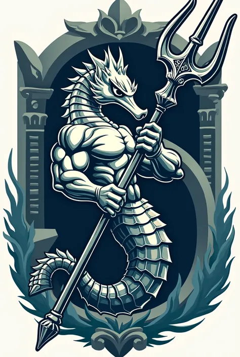 Seahorse with biceps and trident as logo and a Roman six in the background 