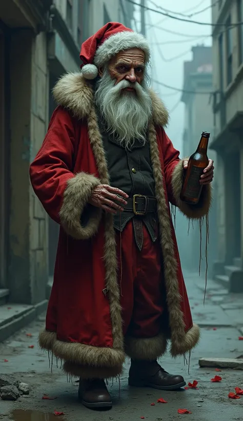 "a skinny, drunk beggar Santa Claus , holding a bottle