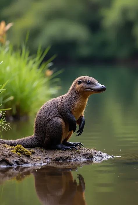 "A hyperrealistic image of a male platypus near a riverbank, showing the venomous spur on its hind leg. The setting includes lush greenery, calm water, and the platypus positioned to highlight its unique defense mechanism. The focus is on realistic texture...