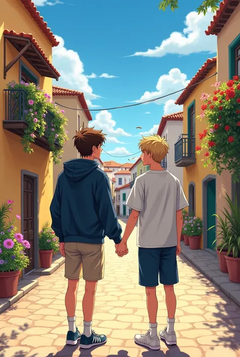 Let there be in the foreground a small Spanish town with colorful flowers and typical Spanish culture and in the distance let there be two boys holding hands let one be taller in brown hair and the other a little shorter with blond hair let both look young...