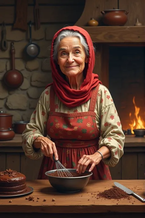 An elderly woman in a flowery dress and red scarf over her head making chocolate cake in a colonial kitchen