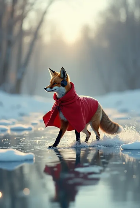 In winter, a fox skates, her ears have a black earphone and a red coat. Draw a red coat 