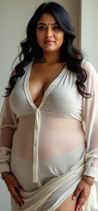 An indian plus size sexy aunty wearing transparent white blouse ...