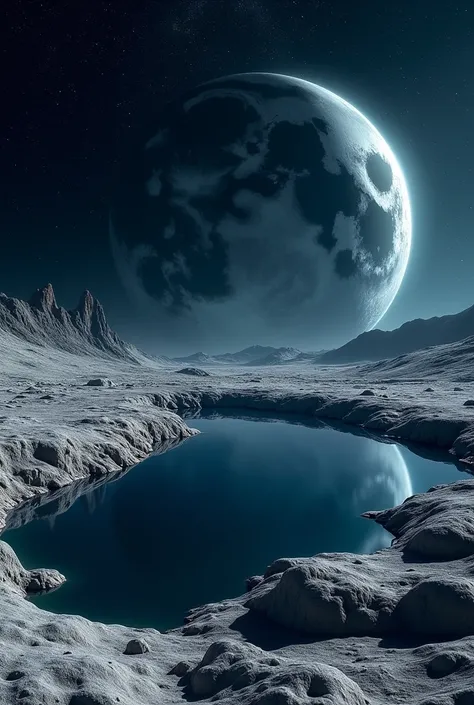 Very realistic accurate depiction of the moons surface. Is there a tranquil lake on the Moon .  The lake is reflecting the Earth and the beautiful stars of the universe.Moon surface photo .landscape,realistic