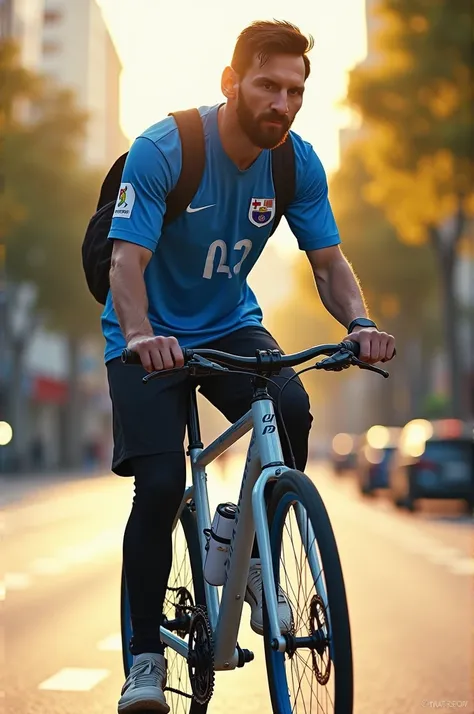 Generate a hyper-realistic image of messi wearing a blue and white color t shirt and black colour pant 
Skillfully riding a blue and white color bike with a big size bag in shoulder 
The scene should capture fine details like the bike  handel holding in ha...