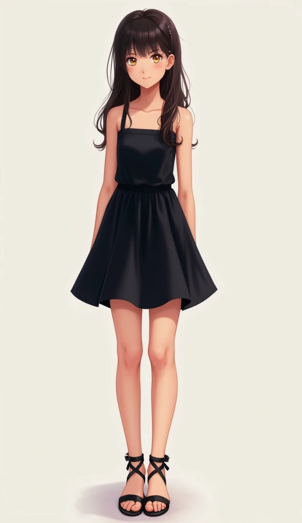 Teenage girl,  wearing a black dress with a short skirt,  wearing sandals with heels , The girl is standing ,  has a ribbon on one of her legs ,  full body image , NSFW is free