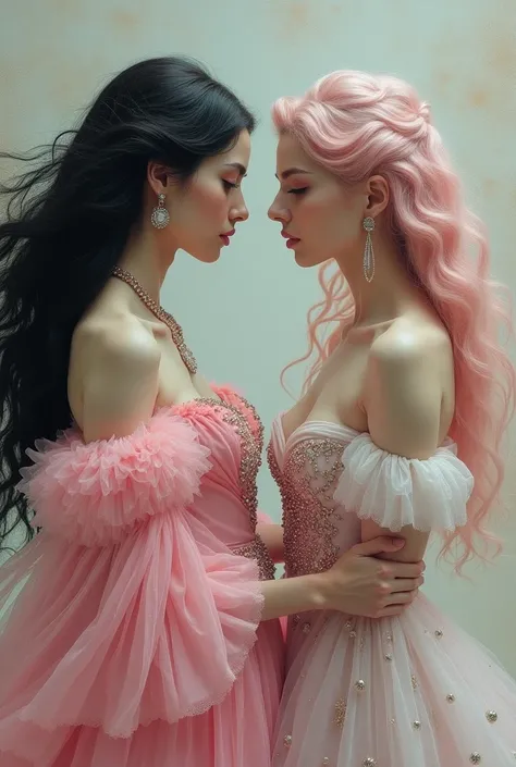  Make a medium cloth image with a mystical concept where two women challenge each other just with their empowered posture. 
 
One is pale , Black hair ,  wears a fluffy pink dress and has lots of jewels .  The other woman has baby pastel pink hair and has ...