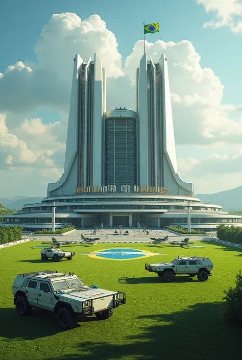  Create a futuristic building with several floors on a green field ,  field with a large sign written on BATTALION OF HEROES (in Portuguese) In the middle of the building ,  armored cars around  , planes standing around  ,  high walls around the field  , B...