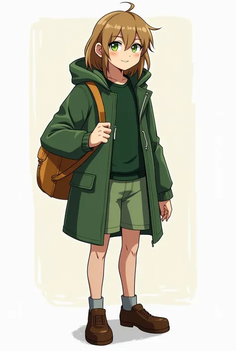  you have a character with the following description : , s, Culpo Atlético , somewhat fair skin , light brown hair long to the waist,  1 meter 60 tall ,  dressed in a green coat and shorts,  has green eyes and a nice smile 