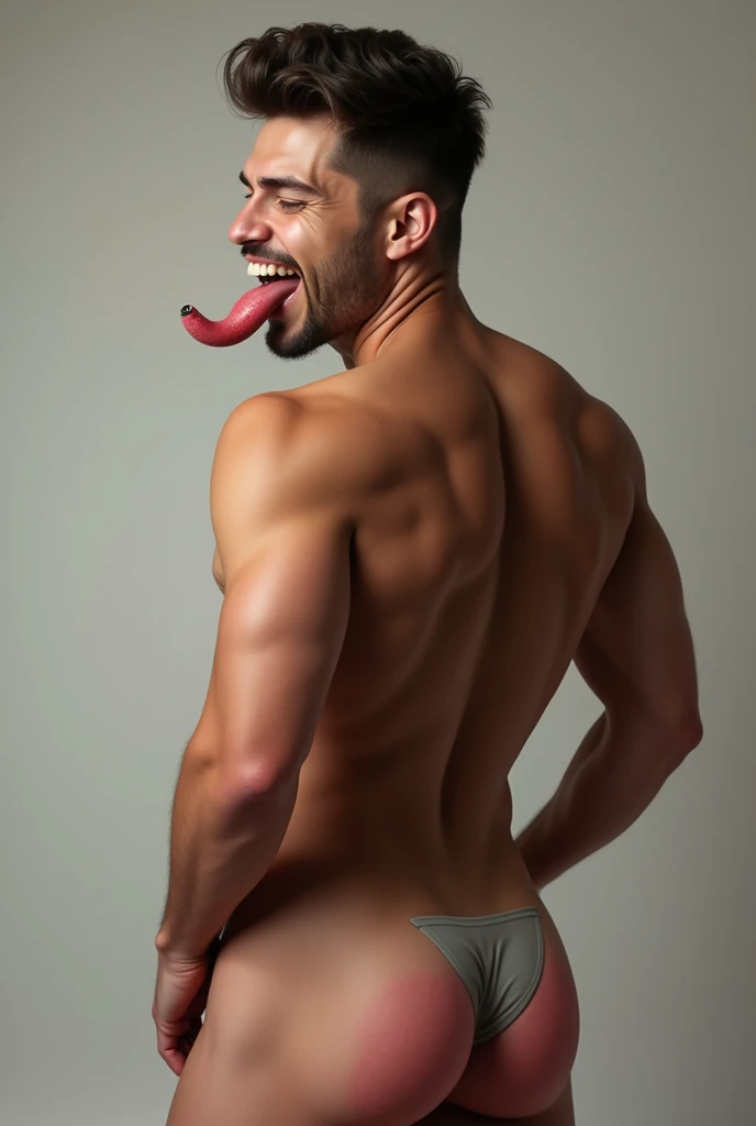 Gay male, beautiful butt, plastic penis in his mouth, blushing, open mouth, Back up, smile,  tongue out of mouth , 