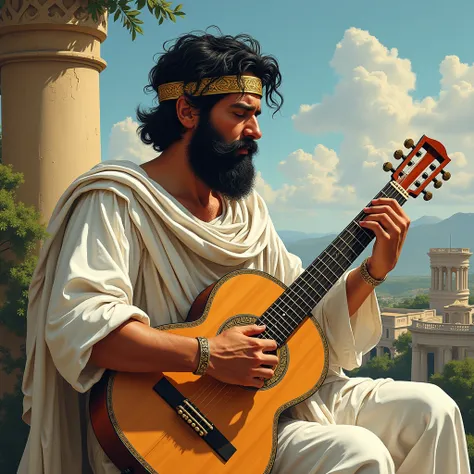  A crying Greek man specializing in music dressed in white with short black hair,  black beard and a golden headset , breaking his beautiful guitar instrument in a fabulous Greek landscape , amazing details, realist,  with incredible musical symbols , bann...