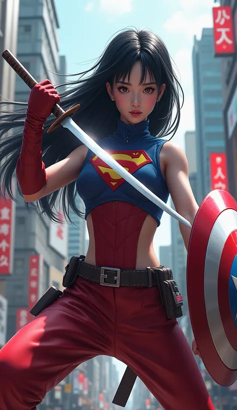 Japanese woman wearing a supergirl costume、Beauty、Tokyo、 Japanese Knife 、Captain America Shield 、 Fighting Poses