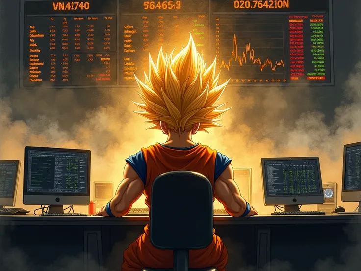 A dreamy charcoal sketch of Goku Ultra Syian 4 seated in a modern stock exchange, his golden hair gleaming faintly under LED
tickers displaying market trends. The faint outlines of traders and computers highlight the fusion of ancient wealth and modern com...