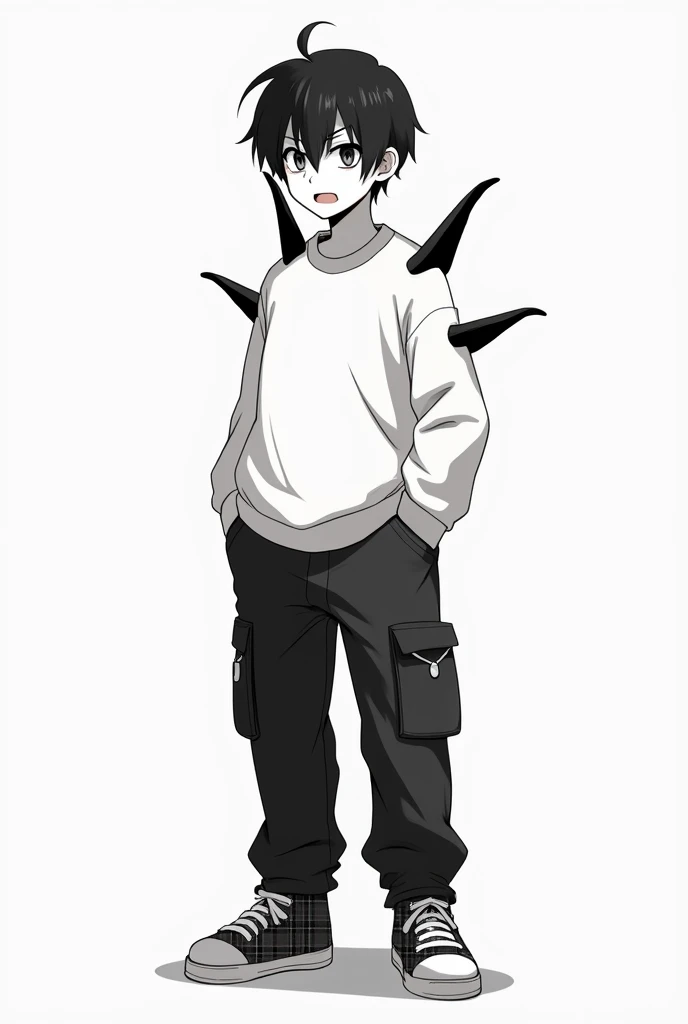 Create a male character with totally pale skin (Pure white),  your smile is mischievous and a bit creepy he has straight black hair, a white sweatshirt,  black cargo pants and plaid sneakers ,  on his left shoulder he has two sharp and crooked black spines...