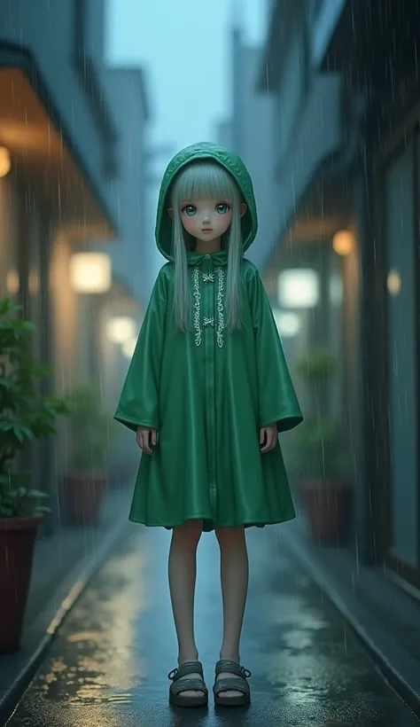  imaginary　rain　night　Building district　Back Alley　Green Haori　White embroidery　緑色のrainガッパ　Realistic cute girl　 light green long hair 　 and face the front