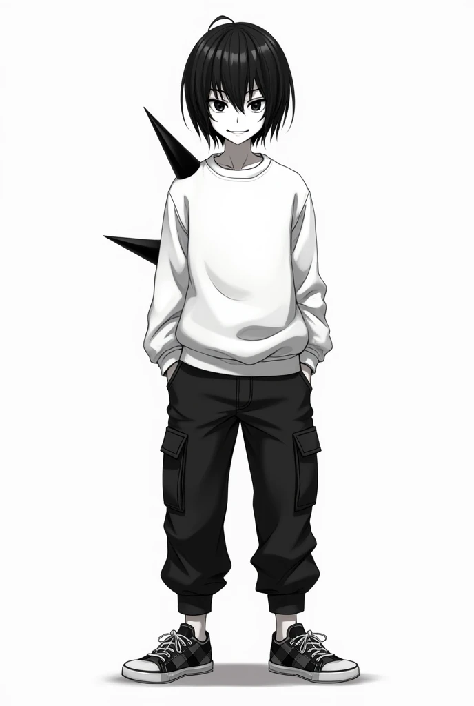 Create a male character with totally pale skin (Pure white),  your smile is mischievous and a bit creepy he has straight black hair, a white sweatshirt,  black cargo pants and plaid sneakers ,  on his left shoulder he has two sharp and crooked black spines...