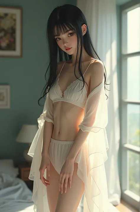 Anime 3d with Japanese skinny wearing a transparent nightie 