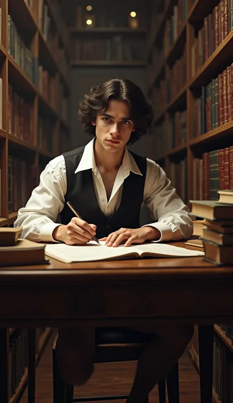  An 18-year-old man formulated the 3 laws of motion in a library full of mathematics books,  hyper realistic , clothing from the time year 1650 