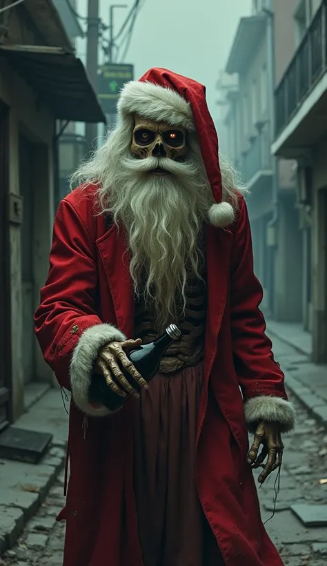 "a skinny, drunk beggar Santa Claus , holding a bottle 