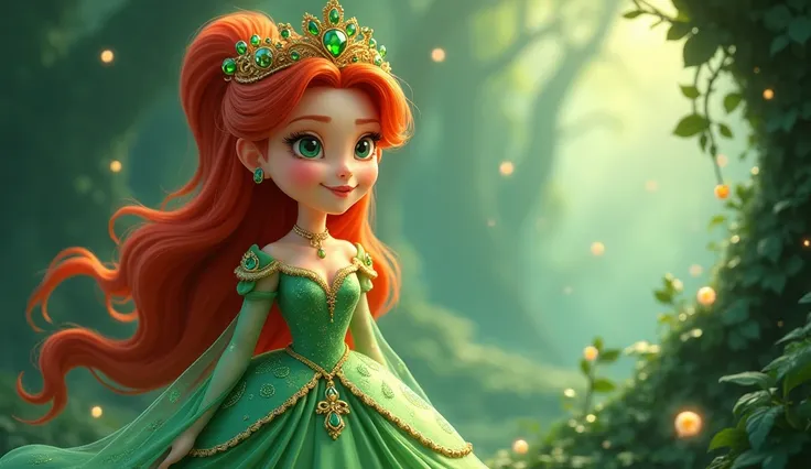 A princess dressed in green with gold details crown with green stones red hair cartoon style 