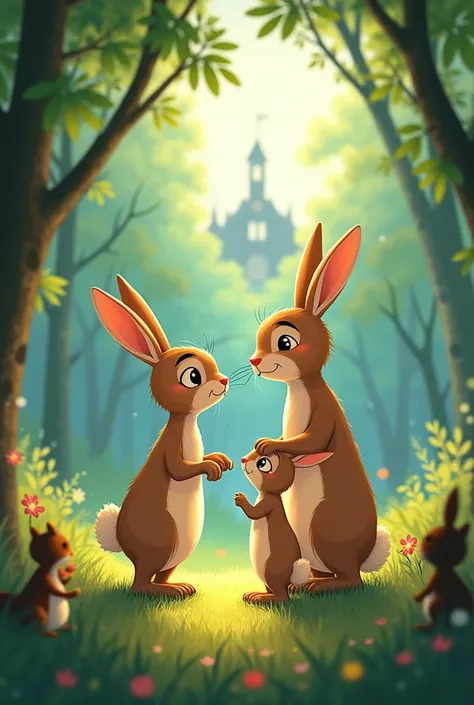 A rabbit mom and dad who are going to leave their rabbit daughter in the woods, In the background you will see the school .

Scene like an animated one