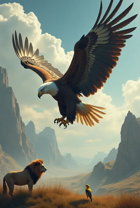 Eagle fly from so far the ground, canary so far down from eagle and lion on the ground but make canary and lion weak and make eagle look powerful majestic. Make eagle so much more high and only one weak lion and one canary make lion look soooo weak and eag...