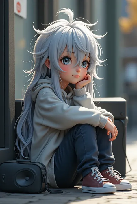 A boy in a sweatshirt and wearing a hoodie sitting on the sidewalk with a speaker next to him has long silver hair 