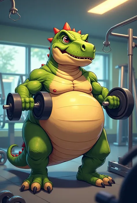 An overweight dinosaur that works muscle in the gym but is very sweet and does muscle work 