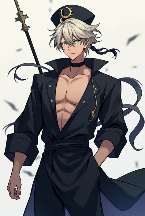 

(  Male gender with light brown skin with untidy and short hair with a half ponytail,  Half-short ponytail 
hair color :pale blonde with some black locks on the front of his hair , his eyes: Pastel blue and its 
Clothes :  is shirtless but has a black ap...