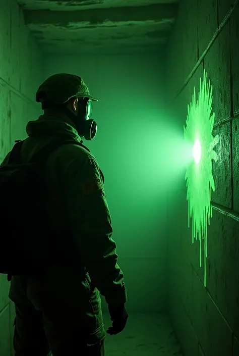 generate a photo of the dungeon room, the photo was taken with the old vhs effect.In the photo, a military man with his back turned in a gas mask shines a flashlight on the green slime smeared on the wall.