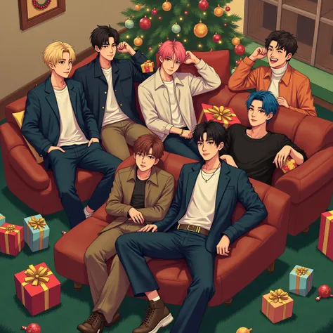  Create an image with six Korean male members in a setting festive,  with artificial grass ,  gifts and Christmas ornaments around .  They are lying in relaxed poses on a sofa brown and on the floor ,  with urban style clothing , including jackets ,  sweat...