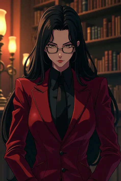  dark red leather suit,  with dark rectangular glasses made of gold,  with long black hair ,  in the anime style inspired by Allucard, In a bookmaker  