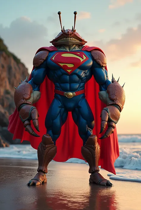 **Adjusted prompt :**  
" An impressive fusion between Superman and a crab , call *Super crab *.  He maintains Supermans classic blue and red costume ,  with the iconic S symbol on their chest and the red cape floating in the wind .  however ,  his head is...