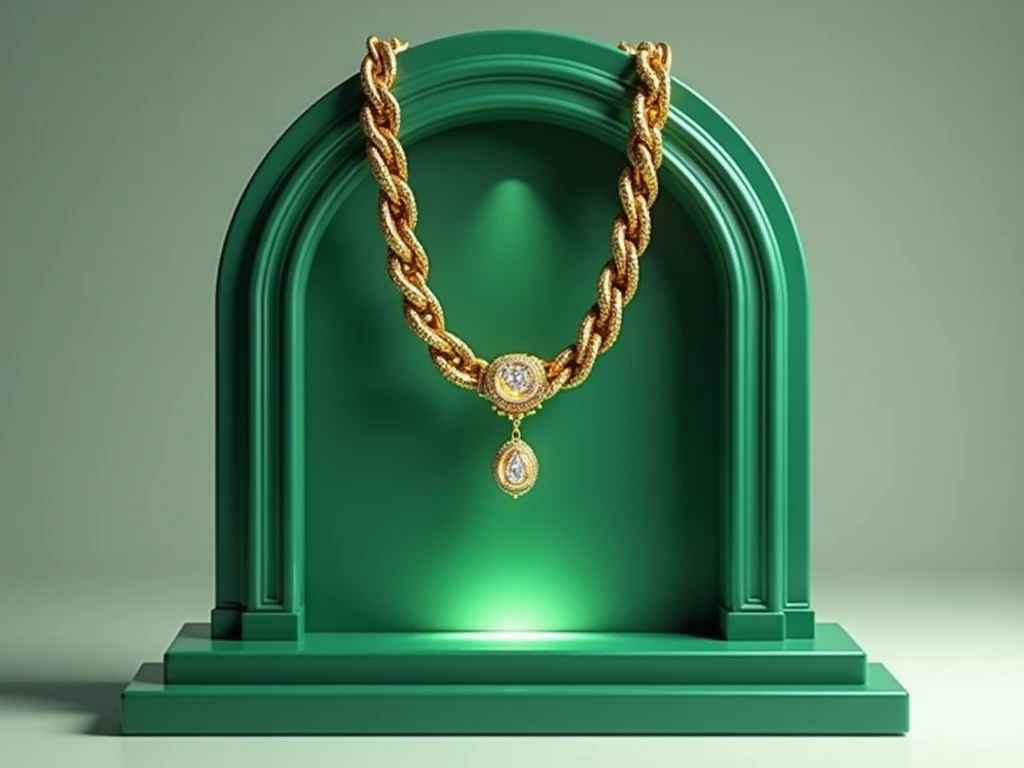 a rectangular base and above it an arch, all in emerald green and from which two golden necklaces with diamonds are hanging