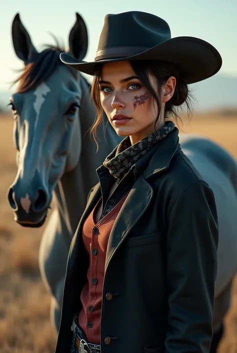 25 year old lady 5,5 brown hair in a bun black cowboy hat blue eyes big scar left side of her face scar on her mouth long black coat black jeans black cowboy boots black button up shirt, red vest bandana around her neck with her blue grey horse beside her